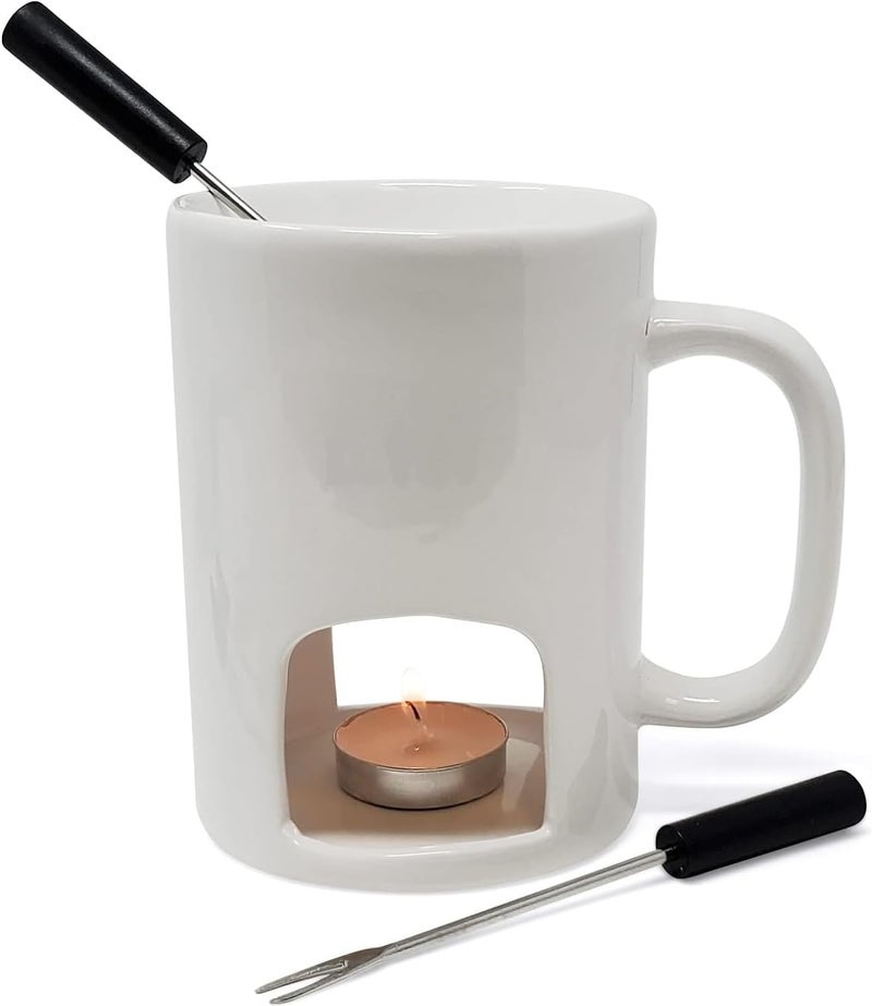 KOVOT Kovot Personal Fondue Mugs Set of 2  Ceramic Mugs for Chocolate or Cheese  Includes Forks and Tealights Double Vented White  - Image 4