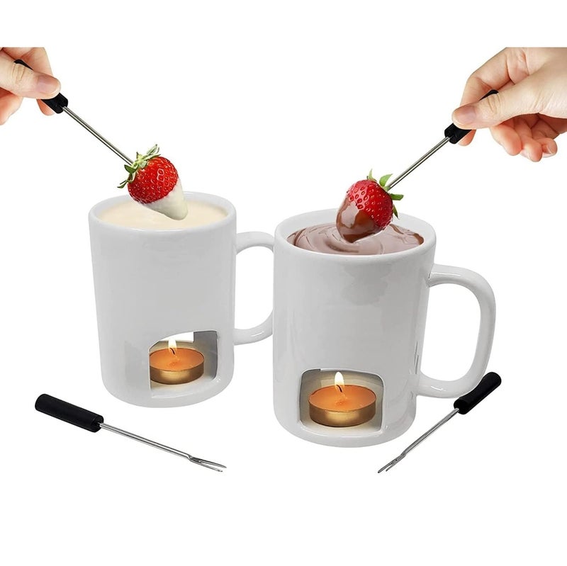 KOVOT Kovot Personal Fondue Mugs Set of 2  Ceramic Mugs for Chocolate or Cheese  Includes Forks and Tealights Double Vented White  - Image 1