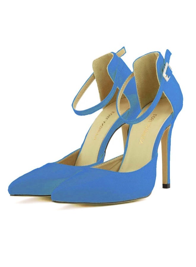 Loquat Stylish enclosed-heel pointed-toe square-buckle candy-colored thin-strap stiletto high heels Blue - Image 1