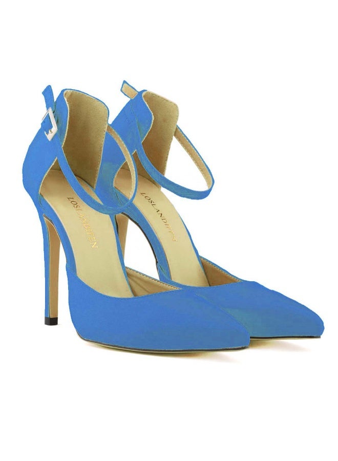 Loquat Stylish enclosed-heel pointed-toe square-buckle candy-colored thin-strap stiletto high heels Blue - Image 2