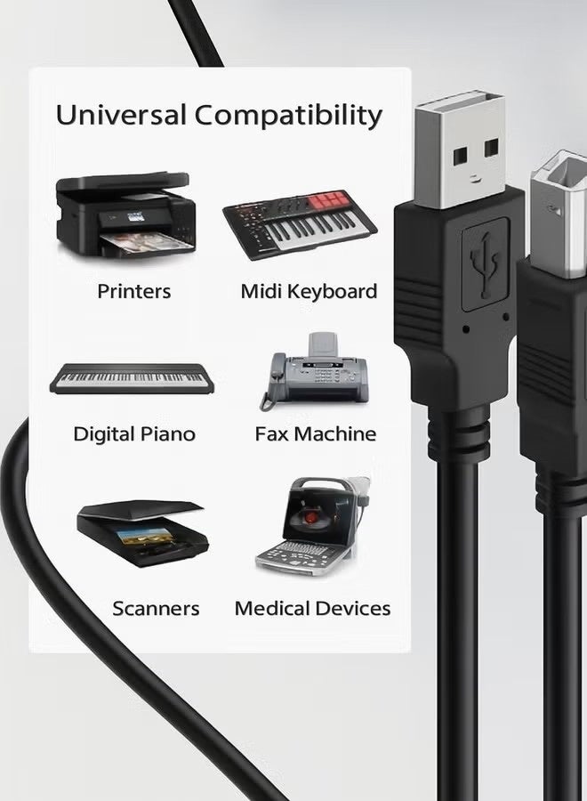 كابل طابعة USB 2.0 عالي السرعة بطول 1.5 متر، بمنفذ مربع، مقاوم للانحشار، متوافق مع طابعات الليزر، وأجهزة المسح الضوئي من إبسون وديل، وأجهزة الفاكس. كابل بيانات أسود متين للاستخدام المنزلي والمكتبي، يوفر اتصالاً سهلاً بالطابعة، بتصميم احترافي وموصل مرن. - Image 4