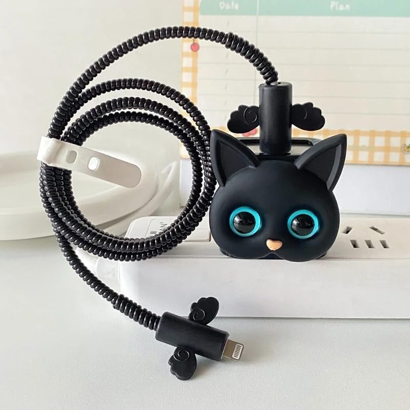 SKYCELL Charger Case Cover with Full Cable Protector 3D Cute Pattern Compatible for iPhone Charger Only 18W & 20W iPhone 16,iPhone 13,iPhone 15,iPhone 14 (Black Cat Shining Cable Protector) - Image 1