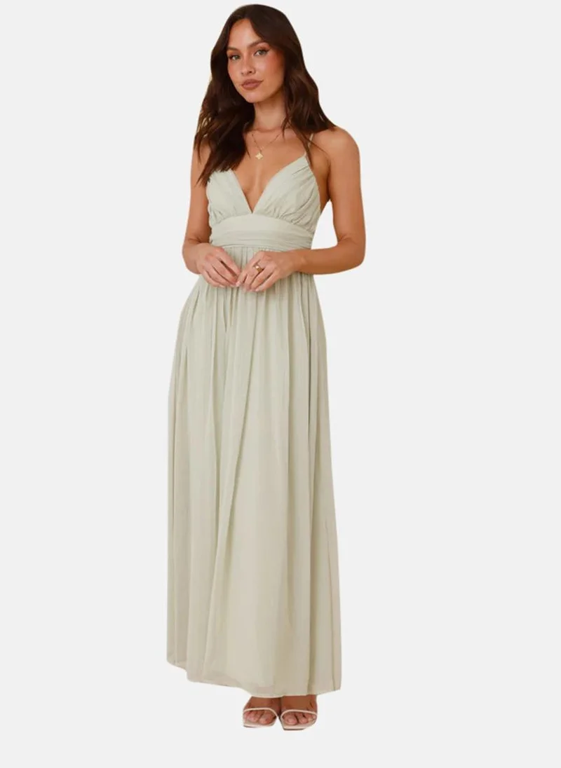 YUNIQEE Off-White V Neck Solid Fit & Flared Dress