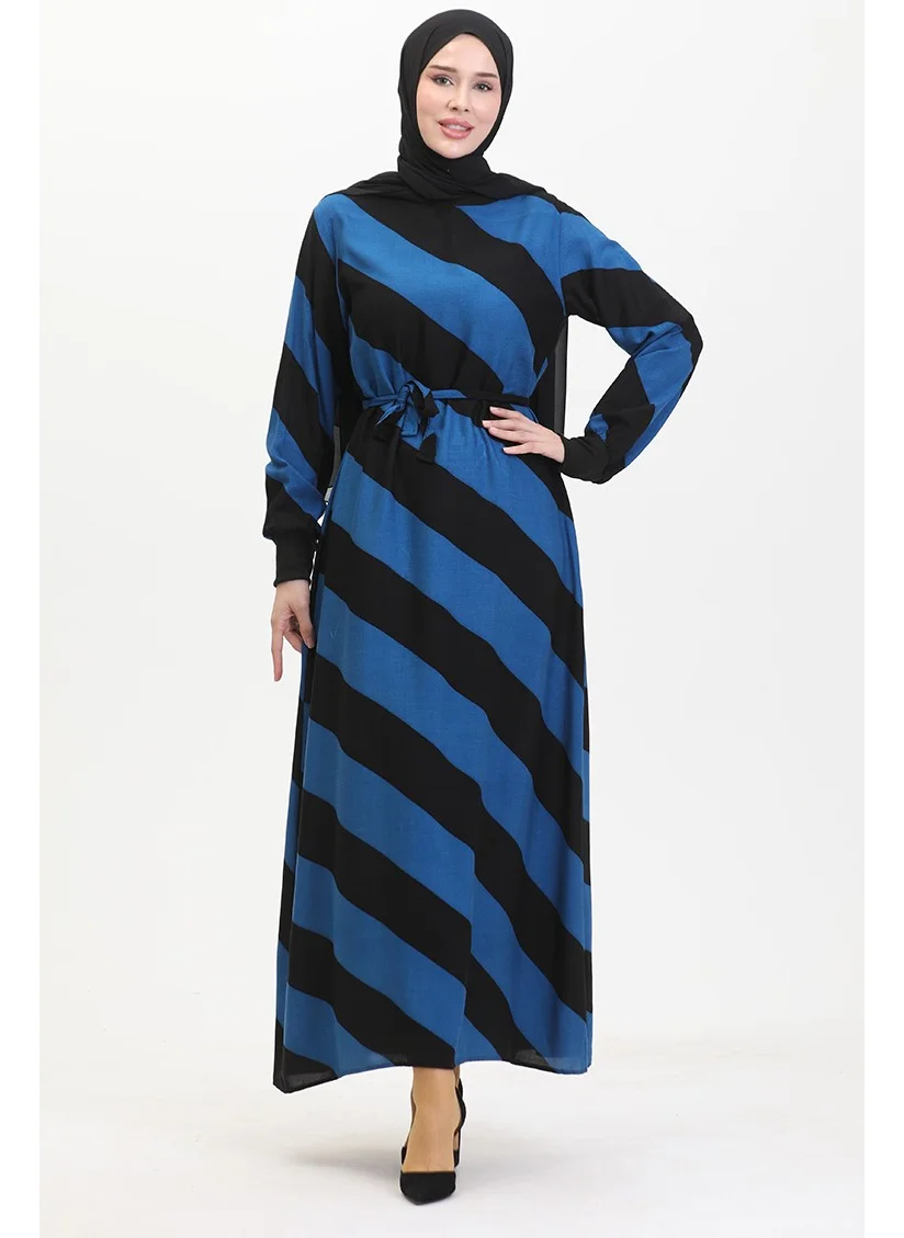 سيفا ميرفي Geometric Patterned Belted Viscose Dress 0460-05 Black Blue