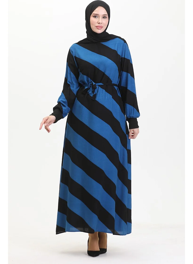 سيفا ميرفي Geometric Patterned Belted Viscose Dress 0460-05 Black Blue