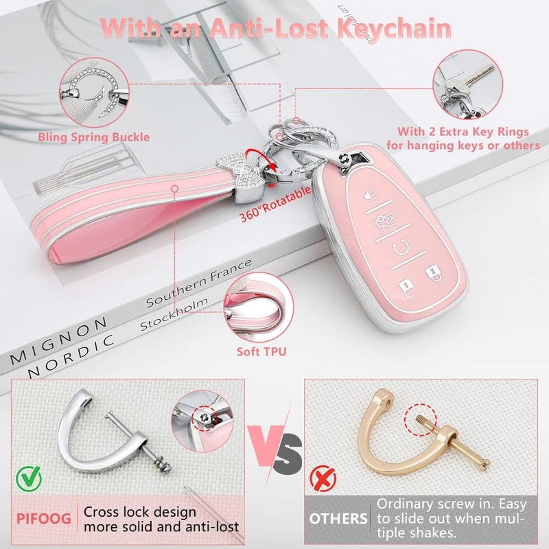 PIFOOG Key Fob Cover for Chevy Pink Soft TPU 5 Button Car Keys Case Shell Bling Keychain Accessories for Equinox Malibu Camaro Traverse Blazer Cruze LT Trailblazer Girly Women - Image 5