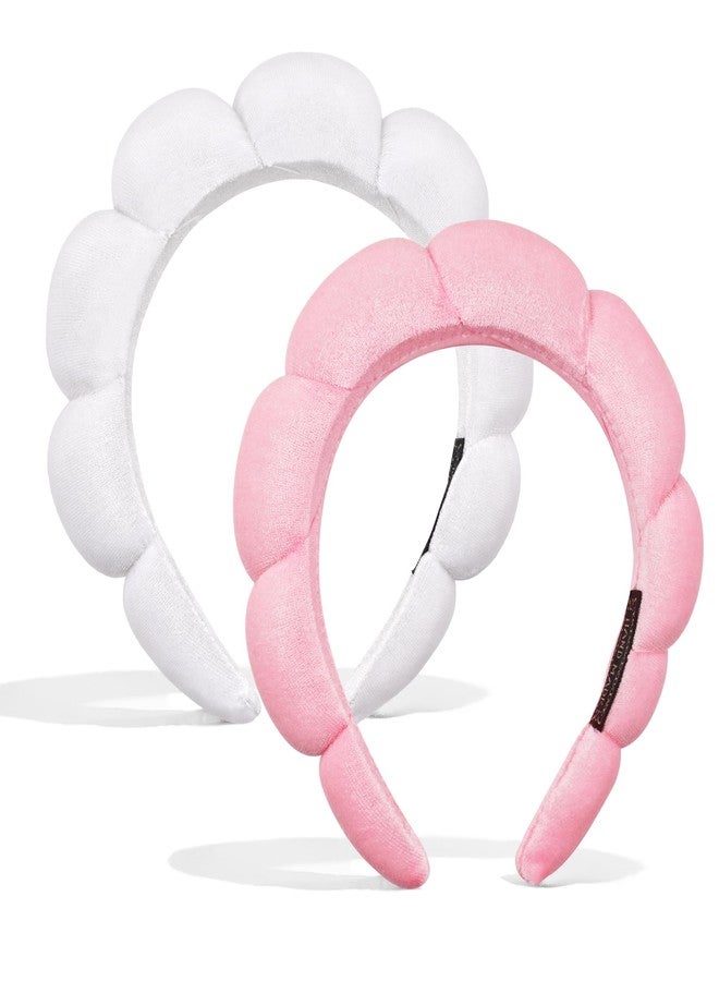 اييشا طوق شعر عائشة، قطعتان من أطواق الشعر المخصصة للسبا للنساء - طوق شعر إسفنجي للعناية بالبشرة لغسل الوجه، طوق شعر ناعم إسفنجي للعناية بالبشرة ومستحضرات التجميل للنساء والفتيات أثناء الاستحمام، وردي وأبيض - Image 1