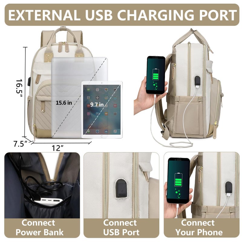 bagswan laptop backpack for Women - 15.6 inch Work Bags Travel Backpack with USB Charger College Bookbag Waterproof Business Computer Backpack Anti-theft Casual Backpacks for Nurse Teacher khaki - Image 4