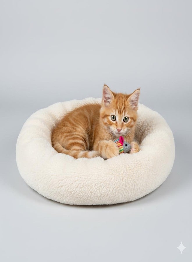 Small Dog Bed for Dogs & Cats | Ultra Soft Plush Donut Pet Bed with Anti-Skid Bottom | Warm Fluffy Sleeping Cushion House for Puppies Kittens Indoor Pets | Cream - Image 4