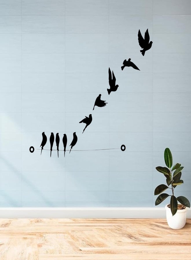Camin Bird On The Rope Design Wooden Wall Decor, Black, 3D Laser Cut MDF, 25cm Circular, 10 Pieces, Modern Nature Theme, Living Room Bedroom Office - Image 2