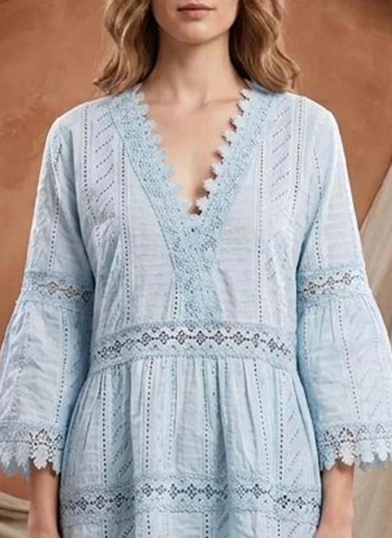 Alaya Blue Women Embroidered  Scalloped Lace Trim Cotton Midi Dress -AL3703 for Women | Best Price UAE