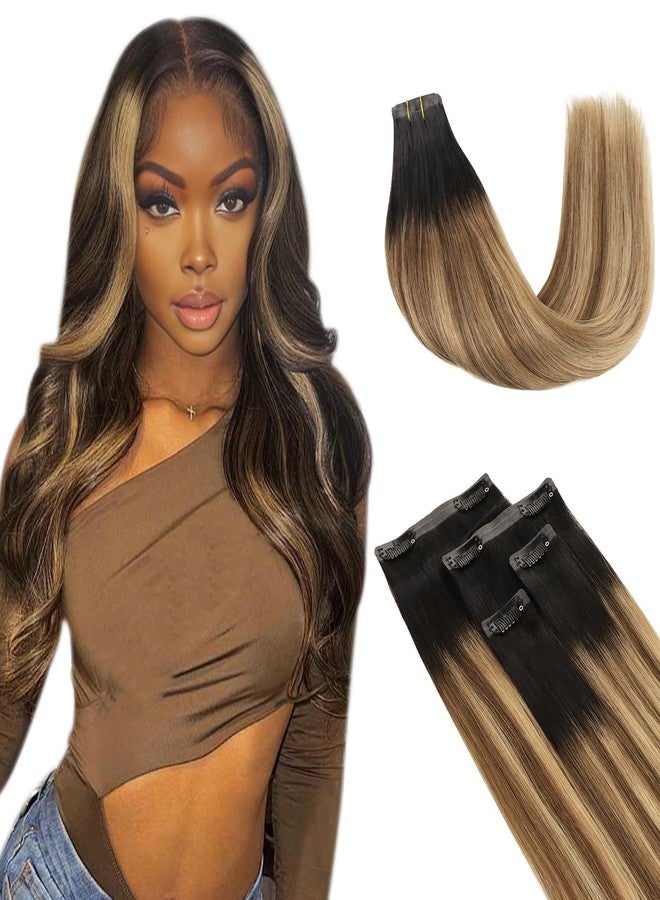 Lashey Seamless Clip in Hair Extensions 4pcs 46g Ombre Balayage Ash Brown to Honey Blonde Clip in Hair Extensions Human Hair with Highlighted Effect 18 Inch Straight Human Hair - Image 1