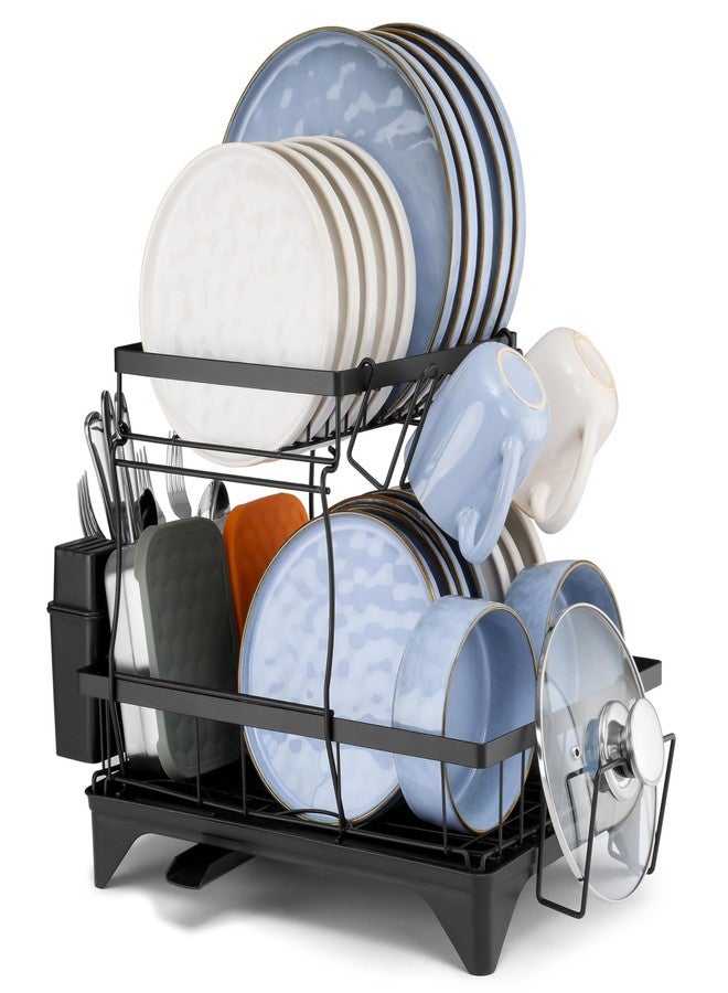 Herogo 2 Tiers Dish Drying Racks, Dish Drainers Racks with Drain Board for Kitchen Counter, Large Kitchenware Organizers with Utensil Cup Cutting Board Holder & Rotatable Spout, Detachable, Black - Image 1