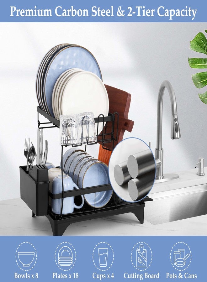 Herogo 2 Tiers Dish Drying Racks, Dish Drainers Racks with Drain Board for Kitchen Counter, Large Kitchenware Organizers with Utensil Cup Cutting Board Holder & Rotatable Spout, Detachable, Black - Image 2