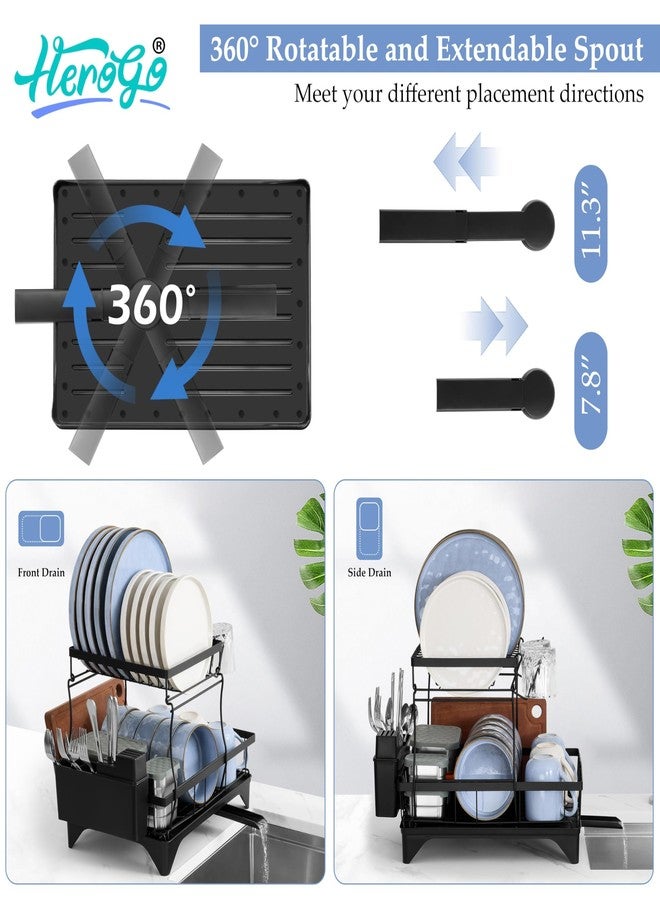 Herogo 2 Tiers Dish Drying Racks, Dish Drainers Racks with Drain Board for Kitchen Counter, Large Kitchenware Organizers with Utensil Cup Cutting Board Holder & Rotatable Spout, Detachable, Black - Image 3