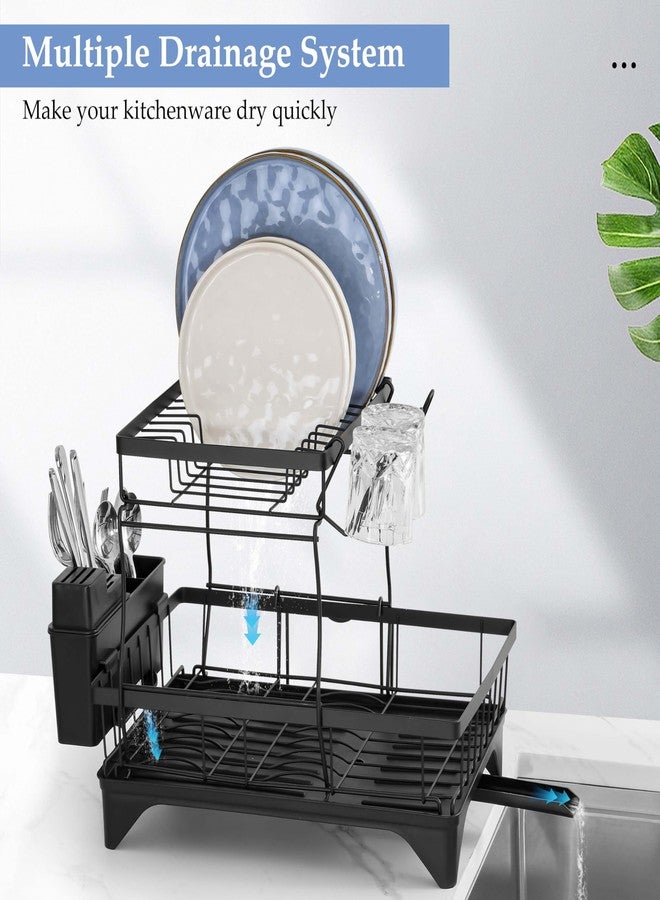 Herogo 2 Tiers Dish Drying Racks, Dish Drainers Racks with Drain Board for Kitchen Counter, Large Kitchenware Organizers with Utensil Cup Cutting Board Holder & Rotatable Spout, Detachable, Black - Image 4
