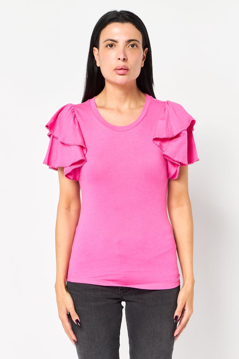GAP Women Crew Neck Solid Flutter Sleeve Top, Pink - Image 1