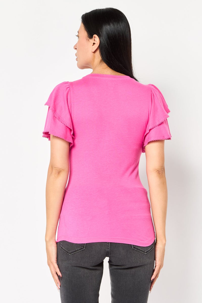 GAP Women Crew Neck Solid Flutter Sleeve Top, Pink - Image 2