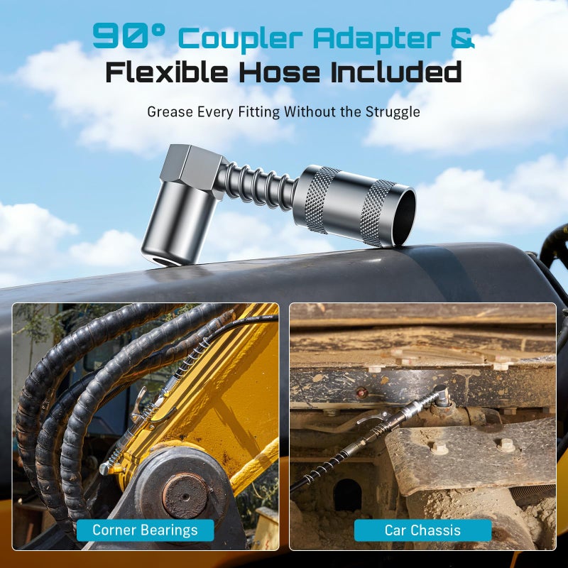 Seesii Upgraded 8000PSI Grease Gun Kit: Heavy Duty Pistol Grip Grease Gun with 14oz Capacity, Quick-Release Coupler, 90Â°Adapter, Flexible Hose, Rigid Pipe for Automotive, Agricultural, Industrial - Image 4