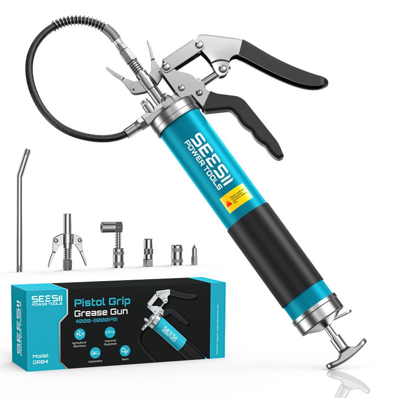 Seesii Upgraded 8000PSI Grease Gun Kit: Heavy Duty Pistol Grip Grease Gun with 14oz Capacity, Quick-Release Coupler, 90Â°Adapter, Flexible Hose, Rigid Pipe for Automotive, Agricultural, Industrial - Image 1