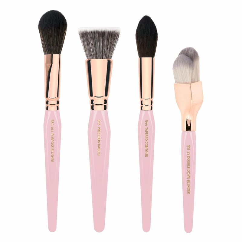 Bdellium Tools Pink Golden Triangle Face Makeup Brush Set - with Soft Synthetic Bristles and Rose Gold Brass Ferrule for a Flawless Appearance (Pink, 4 pcs)