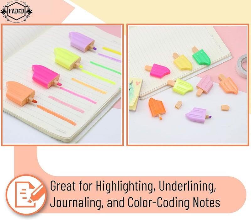 Faded 6 Pcs Mini Highlighter Cute Shaped Pens for School Office Supplies Writing Stationery (Ice Candy) - Image 4