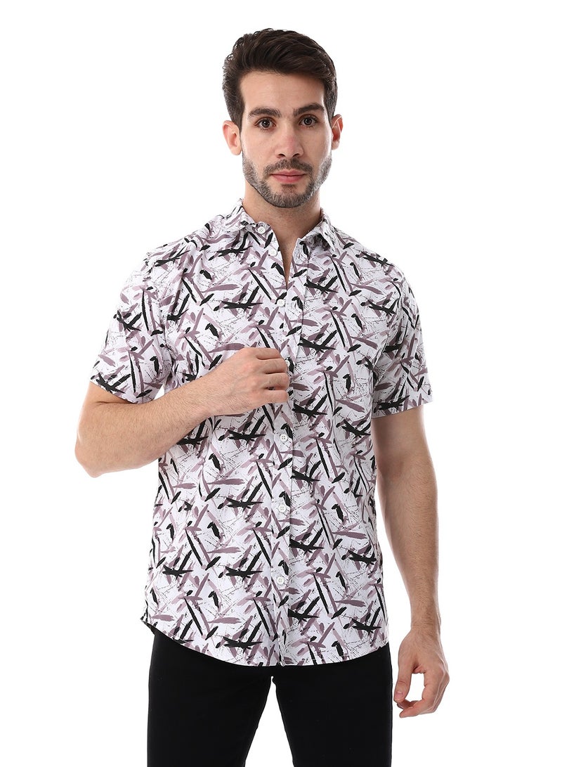 WHITE RABBIT Self Pattern Turn Down Collar Shirt - White, Black & Pastel Brown  - Image 1