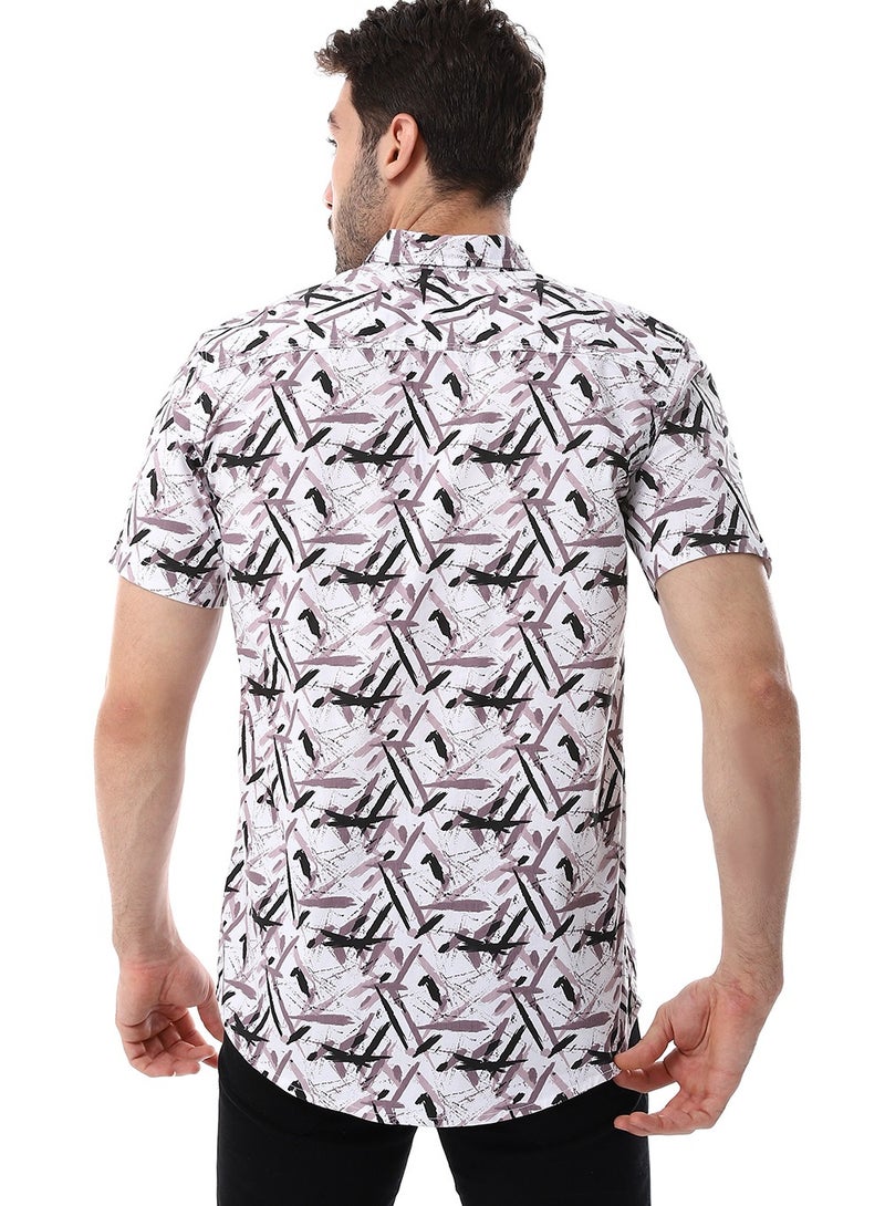 WHITE RABBIT Self Pattern Turn Down Collar Shirt - White, Black & Pastel Brown  - Image 3