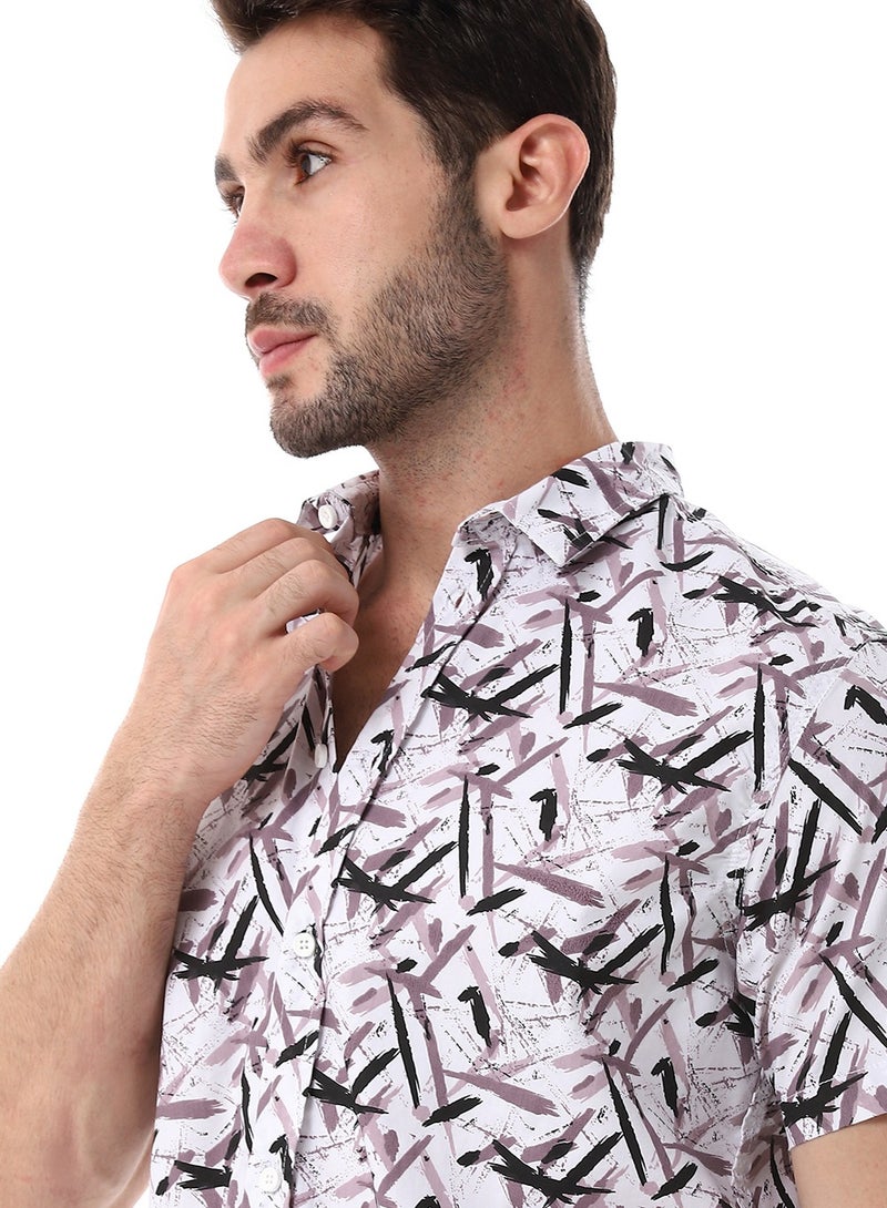 WHITE RABBIT Self Pattern Turn Down Collar Shirt - White, Black & Pastel Brown  - Image 4