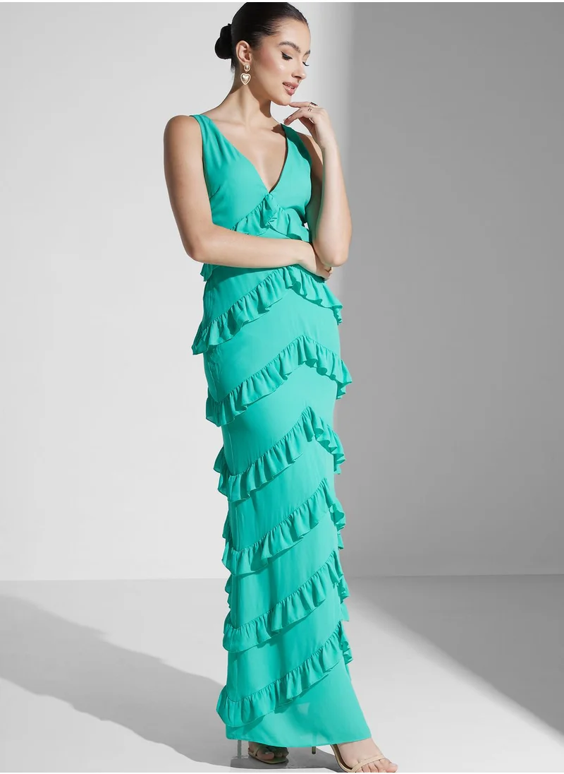 PRETTY LAVISH Plunge Neck Ruffle Dress