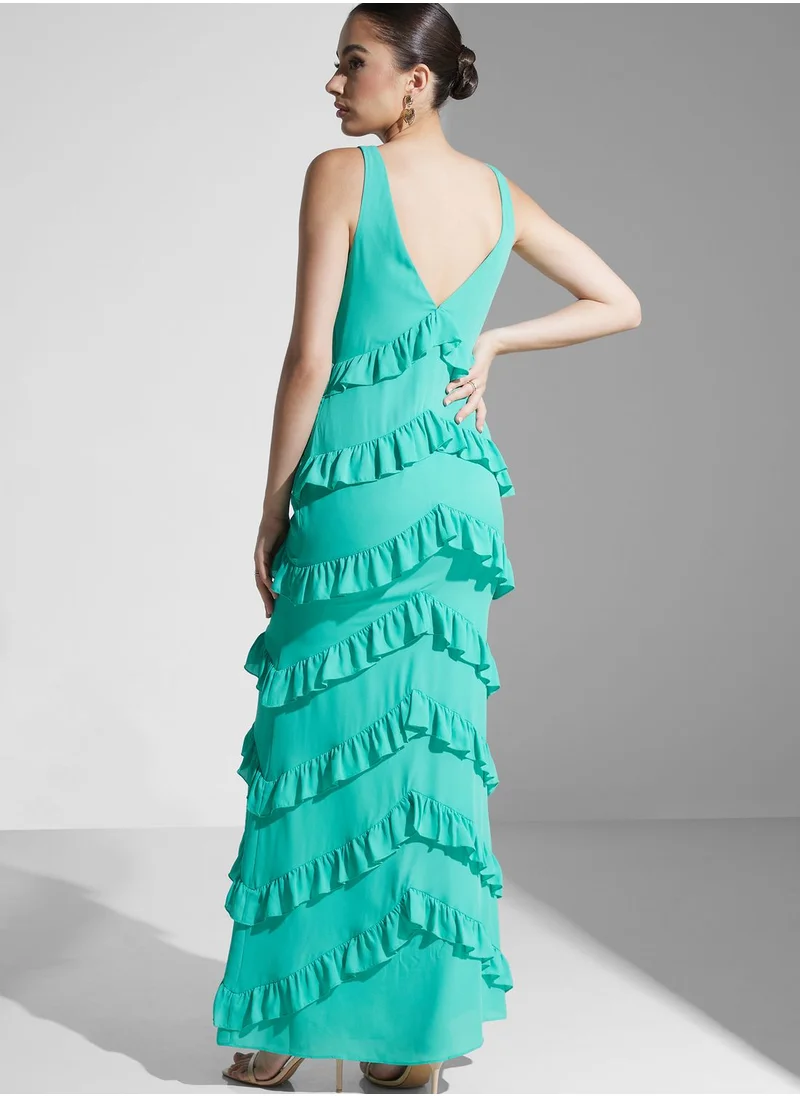 PRETTY LAVISH Plunge Neck Ruffle Dress