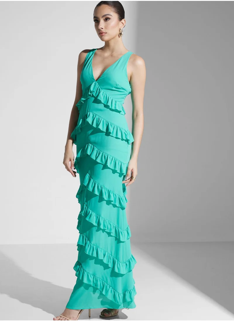 PRETTY LAVISH Plunge Neck Ruffle Dress