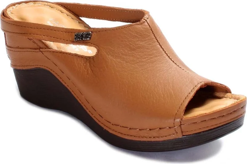 فاست ستيب Women's Leather Comfortable Summer Wedge Heel Casual Slippers Brown 972za1001