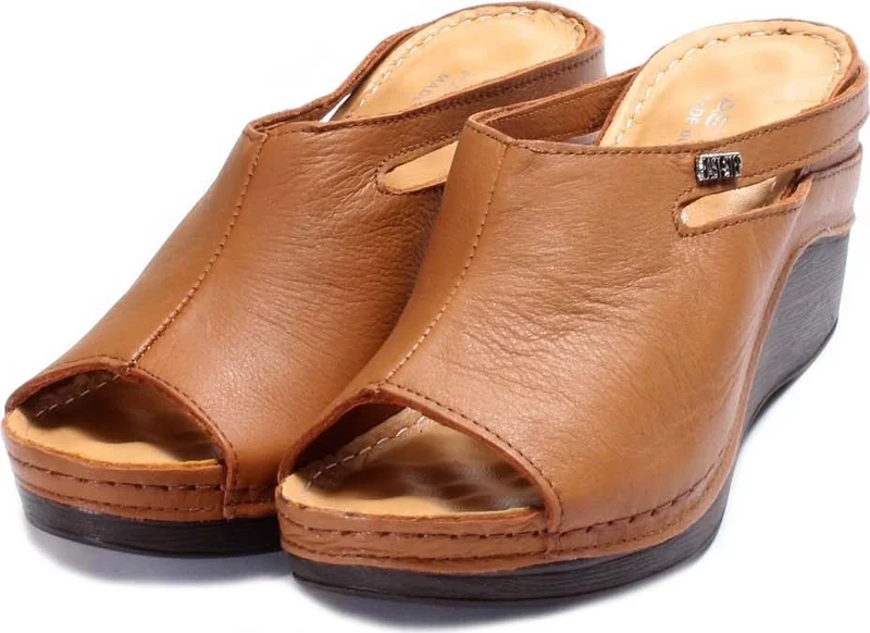 فاست ستيب Women's Leather Comfortable Summer Wedge Heel Casual Slippers Brown 972za1001