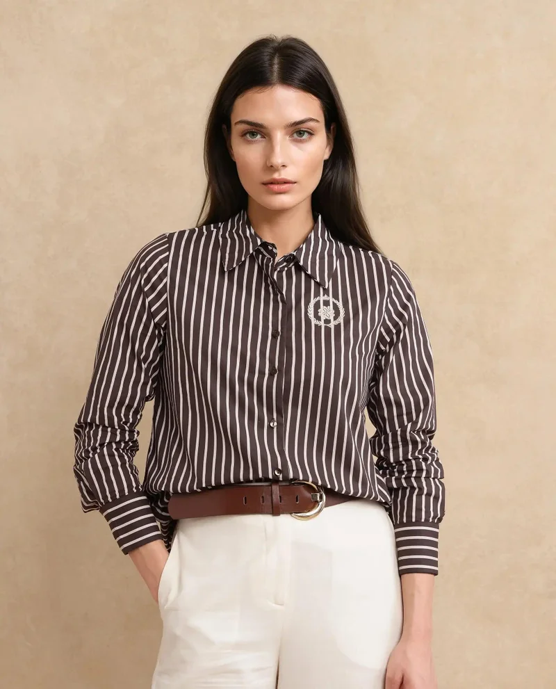 Rareism Women's Cuffed Sleeve Narrow Stripes Shirt