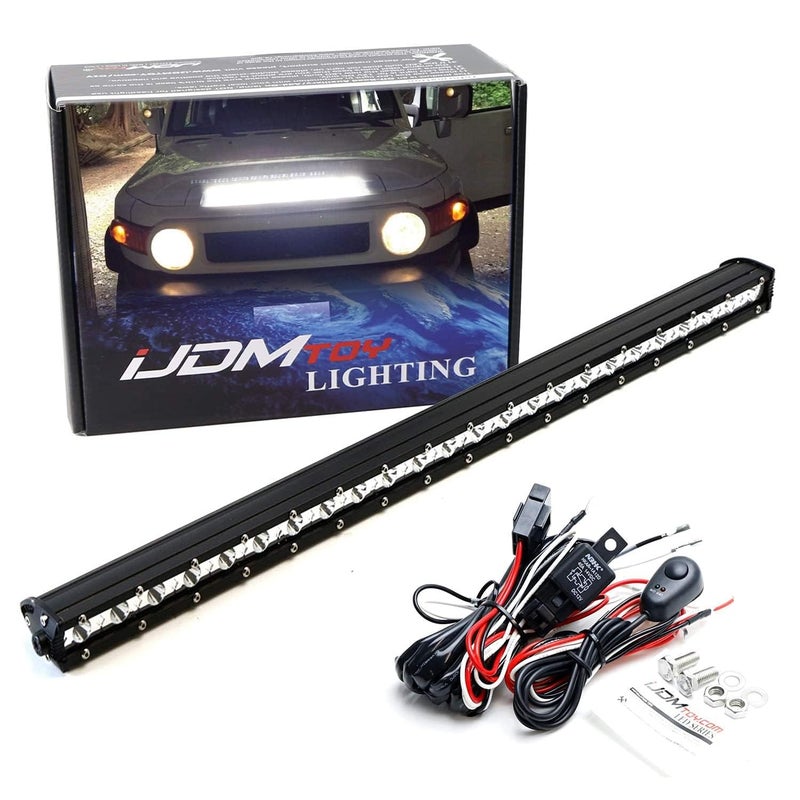 مجموعة مصابيح LED رفيعة للغاية بطول 25 بوصة من iJDMTOY مع قاعدة تثبيت لسيارة تويوتا FJ كروزر من 2007 إلى 2014 تتضمن 1 مصباح LED بقوة 72 واط مع حوامل تثبيت وكابل ريلاي