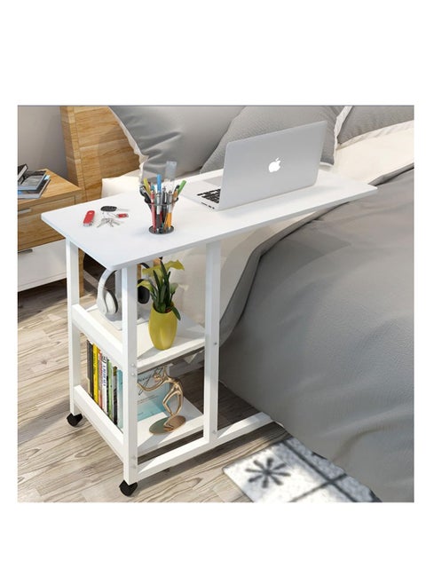 Laptop Desk C Shape Beside Table with Open Storage Shelvings for Living Room Bed Sofa Side Table for Laptop Stand Mobile Laptop Table with Metal Frame Couch Coffee Table for Home Office Corner (White)