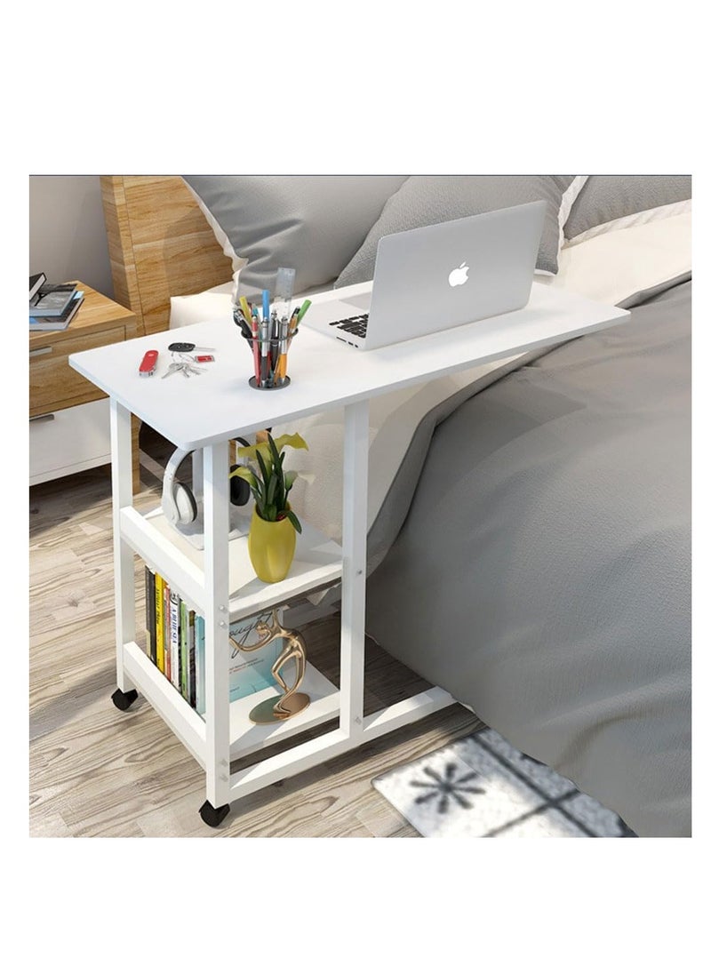 Generic - Laptop Desk C Shape Beside Table with Open Storage Shelvings for Living Room Bed Sofa Side Table for Laptop Stand Mobile Laptop Table with Metal Frame Couch Coffee Table for Home Office Corner (White) - Image 1
