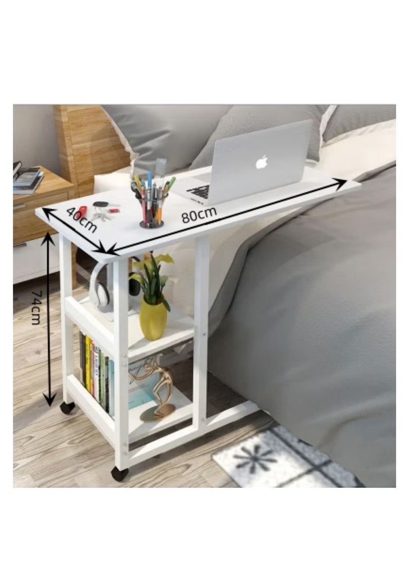 Generic - Laptop Desk C Shape Beside Table with Open Storage Shelvings for Living Room Bed Sofa Side Table for Laptop Stand Mobile Laptop Table with Metal Frame Couch Coffee Table for Home Office Corner (White) - Image 1