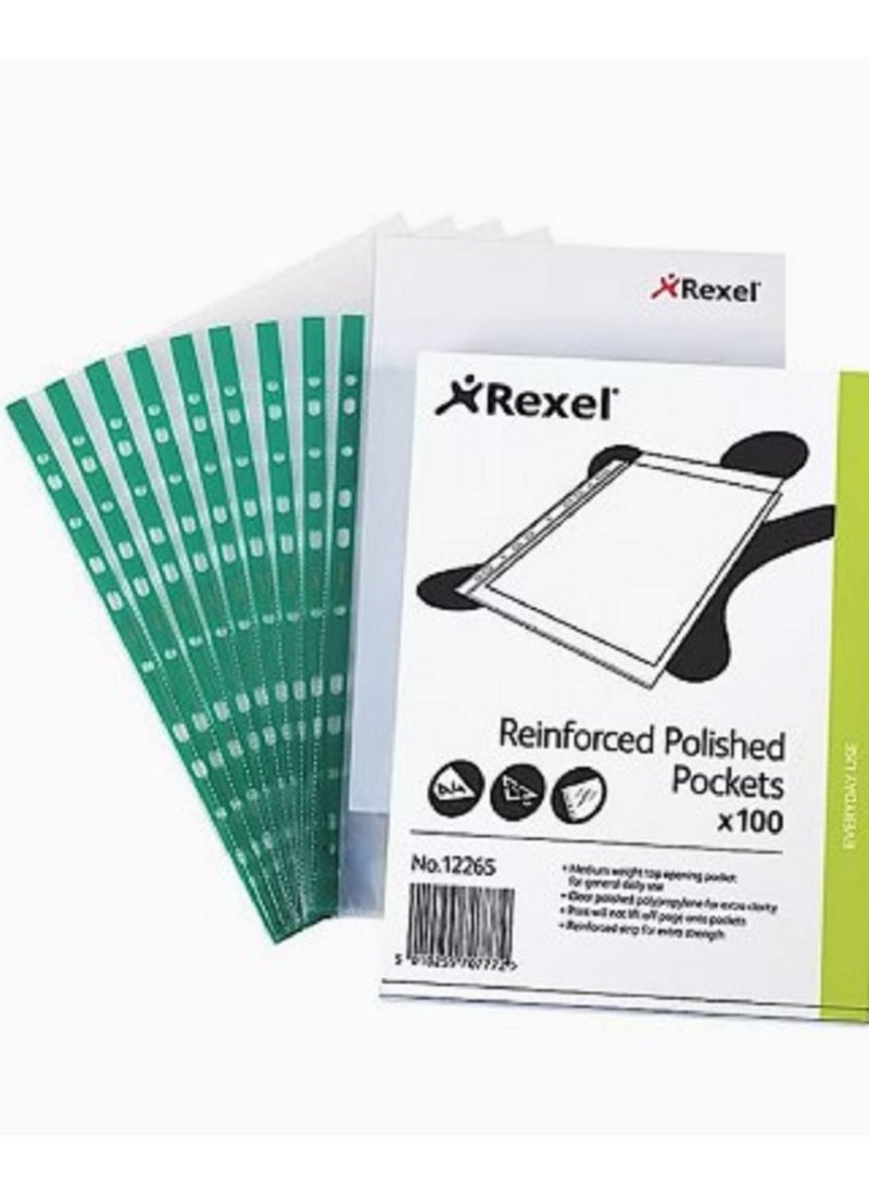 Rexel Rexel A4 100 Piece Punched Pocket with Green Spine Glass Clear  - Image 1