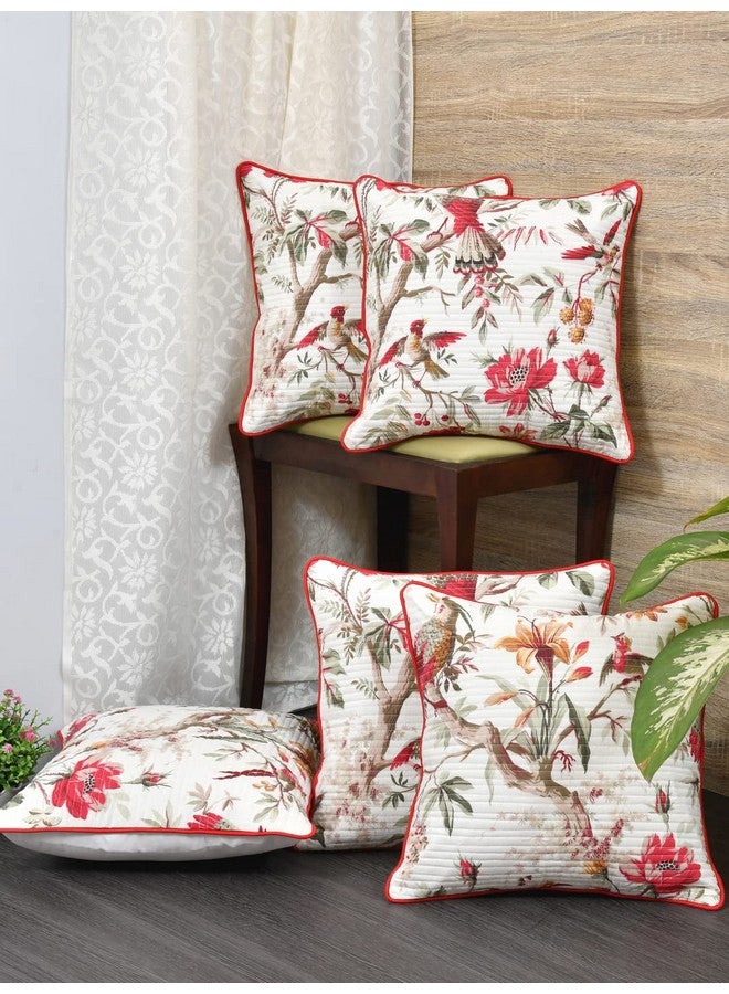 Clasiko Cushion Covers Set of 5 White & Red with Quilting; Cotton,250 TC Fabric; 20X20 Inches; Color Fastness Guarantee 16466 - Image 1