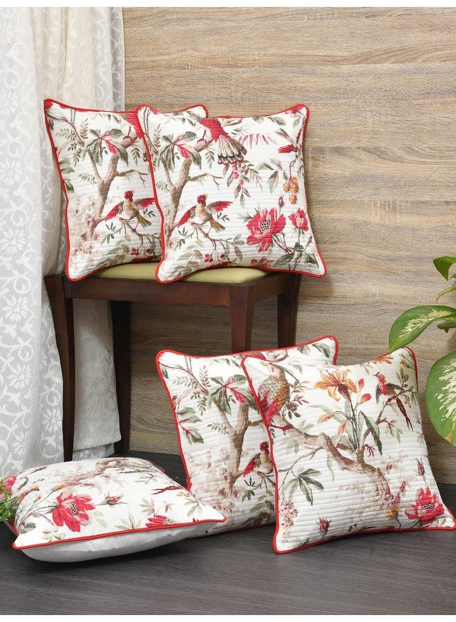 Clasiko Cushion Covers Set of 5 White & Red with Quilting; Cotton,250 TC Fabric; 20X20 Inches; Color Fastness Guarantee 16466 - Image 2