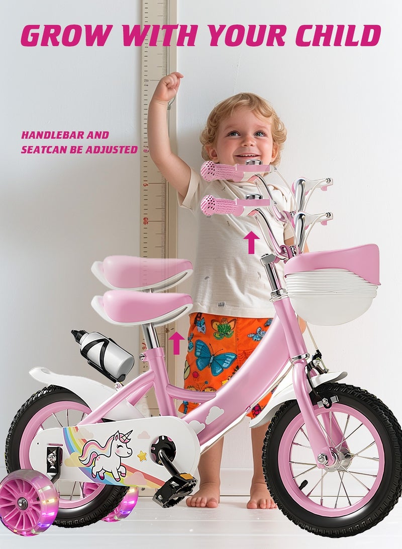 MaBaby 14 inch Kids Bike, with Flashing Training Wheels and Water Bottle, Adjustable Seat and Handlebars, Bicycle for Kids and Toddlers Boys and Girls(Pink) - Image 2
