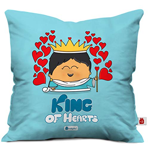 Indigifts Valentine Gifts King of Hearts Quote Printed Micro Satin, Fibre Cushion Cover with Filler (Blue, White, 12x12 inches), Couple Gifts for Husband and Wife, Gifts for Men, Gift for Girlfriend - Image 1