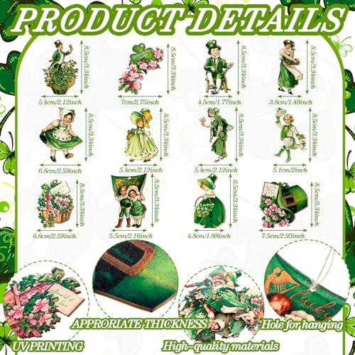 Anglechic 36 Pcs Vintage St. Patrick's Day Ornaments for Tree St. Patrick's Day Decorations Gnome Luck Wooden Hanging Decorations Irish Shamrock Ornaments for Home Party Supplies(Flower) - Image 2