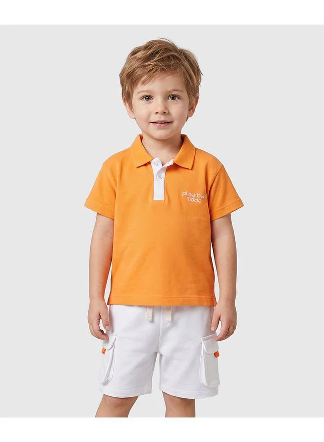 Bonfino Bonfino 100% Cotton Knitted Polo T-Shirt & Cargo Shorts Set with Text Embroidery - Orange & White