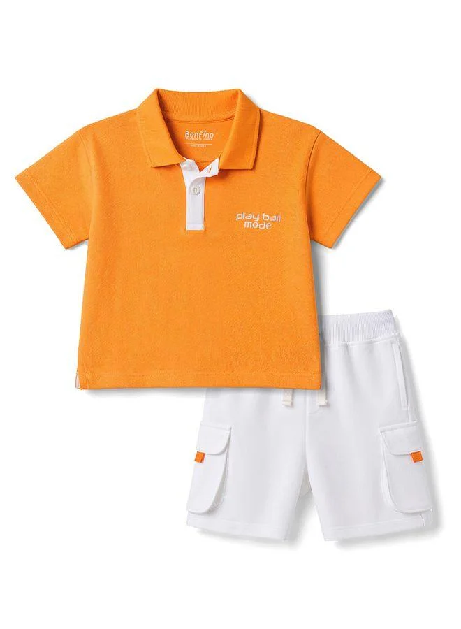 Bonfino Bonfino 100% Cotton Knitted Polo T-Shirt & Cargo Shorts Set with Text Embroidery - Orange & White