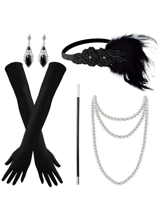 Tongcloud Tongcloud 1920s Women Accessories Headband Necklace Gloves Flapper Costume Set 1920s Accessories for Women (Black)  - Image 1