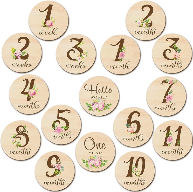 Al Raied ARS® 16 Pieces Wooden Baby Milestone Cards Floral Baby Monthly Milestone Marker Discs - Image 1