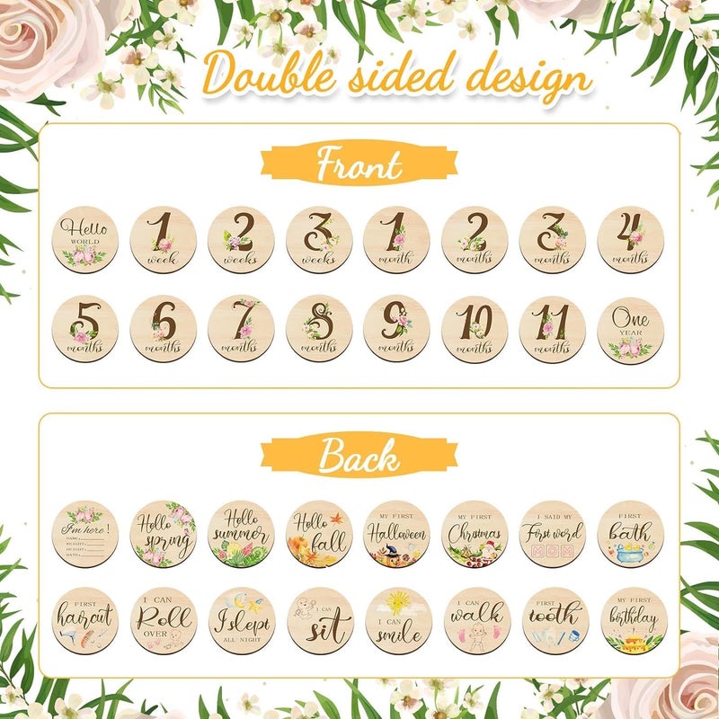 Al Raied ARS® 16 Pieces Wooden Baby Milestone Cards Floral Baby Monthly Milestone Marker Discs - Image 2